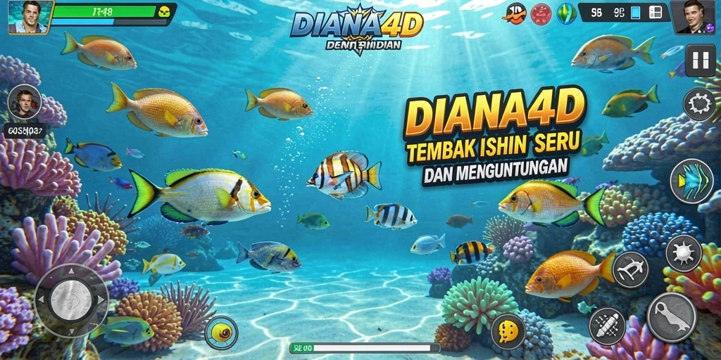 Screenshot gameplay DIANA4D dengan aksi menembak ikan yang mendebarkan.