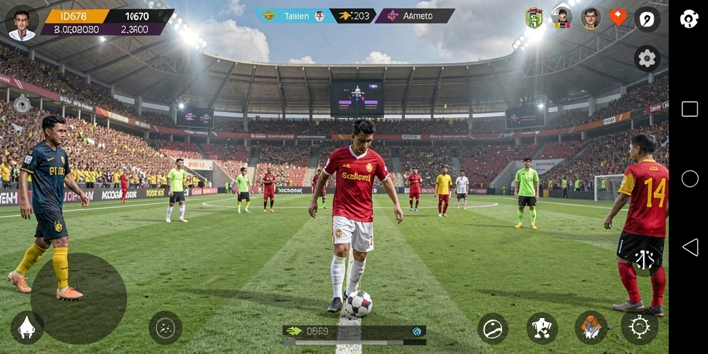Screenshot gameplay ID678 menampilkan aksi sepak bola intens.
