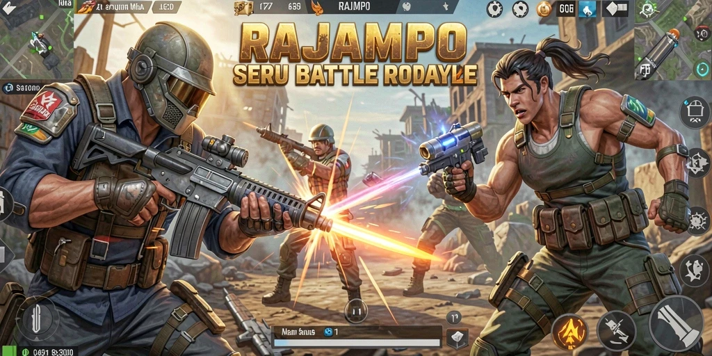 Screenshot utama RAJAMPO menampilkan serunya gameplay Battle Royale.
